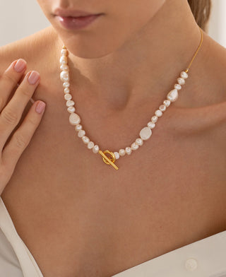 Baroque & Freshwater Pearl T Bar Necklace - Gold Lunar