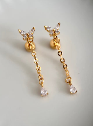 Butterfly studs with fine detail chain with a cubic zirconia teardrop stone drop on the end in 18k gold plated