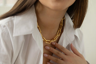 Chunky Organic Chain - Gold Lunar gold plated brass premium jewellery worn on model with white shirt and nails painted pale pink