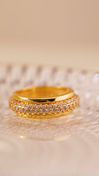 gold plated Cubic Zirconia Halo Ring - Gold Lunar on glass dish