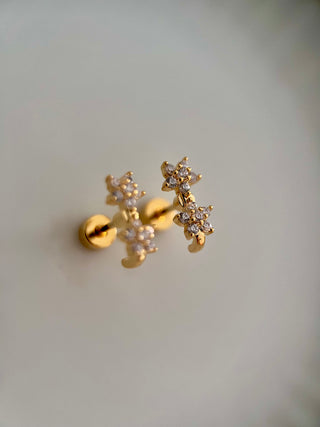 18k gold plated studs with two flowers in cubic zirconia stones very dainty fine jewellery