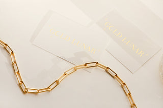 18k Gold plated brass Paperclip Chain swirled across Gold Lunar business card in white with gold metallic font