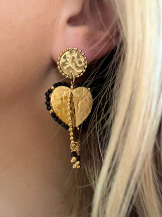 Hammered Heart & Gemstone Earrings - Gold Lunar