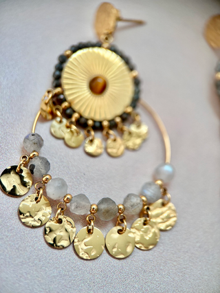 Labradorite & Discs Statement Earrings - Gold Lunar