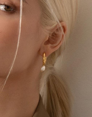 Pearl Drop Chubby Hoops - Gold Lunar