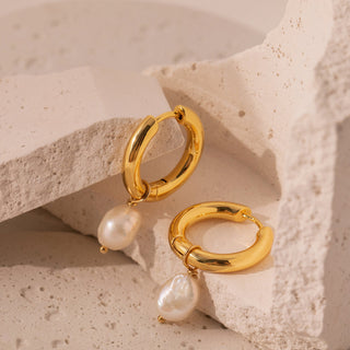 Pearl Drop Chubby Hoops - Gold Lunar