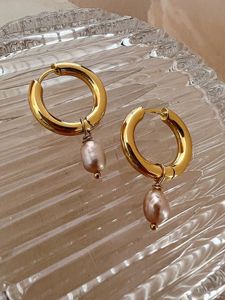 Pearl Drop Chubby Hoops - Gold Lunar