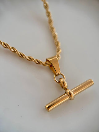 18k gold plated T Bar pendant on a Twist rope Chain Necklace - Gold Lunar