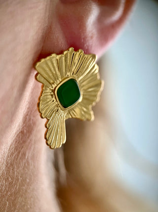 18k gold played Green Agate Molten Stud Earrings worn on a model - Gold Lunar