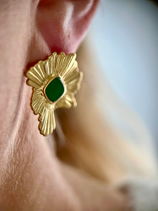 18k gold plated Green Agate Molten Stud Earrings worn on a model - Gold Lunar