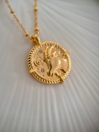 18k gold plated brass Capricorn Necklace with cubic zirconia stones and intricate detailing on a coin disc pendant and on fine ball chain - Gold Lunar