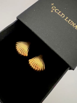 18k gold plated Curved Fan Studs earrings shown in a black jewellery gift box with gold font