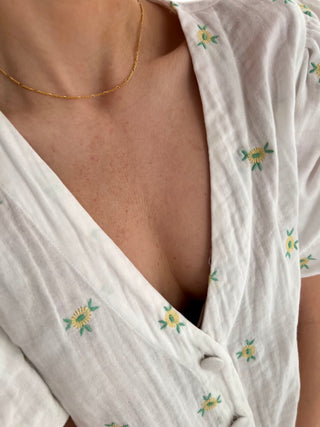 18k gold plated Fine Casual Chain worn on a model wearing a Nobody's Child white blouse with yellow flower embroidery - Gold Lunar