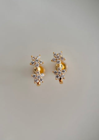 18k gold plated flower studs with two flowers detailed in cubic zirconia stones