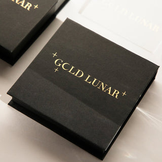 gold lunar branded box in black with gold branding jewellery gift box