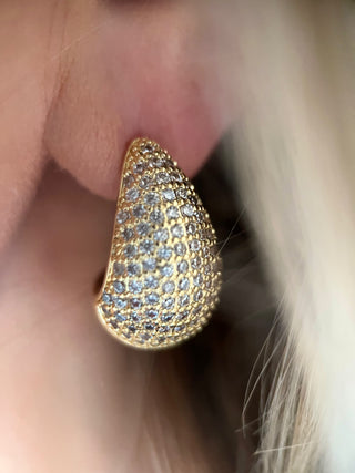 18k gold plated Large Teardrop shape earrings embellished with Cubic Zirconia stones worn on a model with blond hair - Gold Lunar