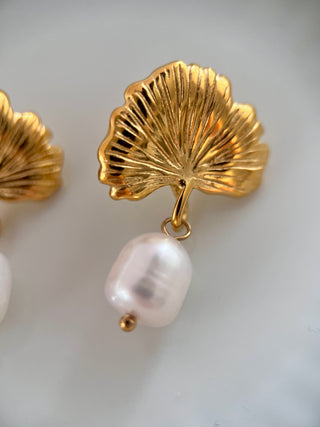 18k gold plated Leaf stud earrings with freshwater Pearl drops - Gold Lunar jewellery brand