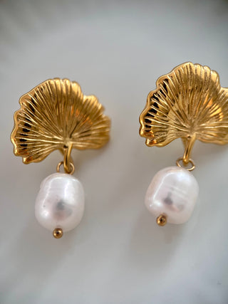 18k gold plated Leaf stud earrings with freshwater Pearl drops - Gold Lunar jewellery brand