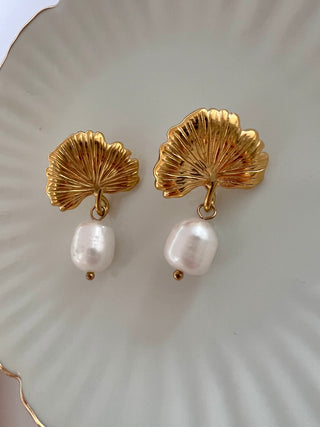 18k gold plated Leaf stud earrings with freshwater Pearl drops - Gold Lunar jewellery brand