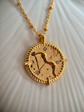 18k gold plated brass sagittarius Necklace with cubic zirconia stones and intricate detailing on a coin disc pendant and on fine ball chain - Gold Lunar